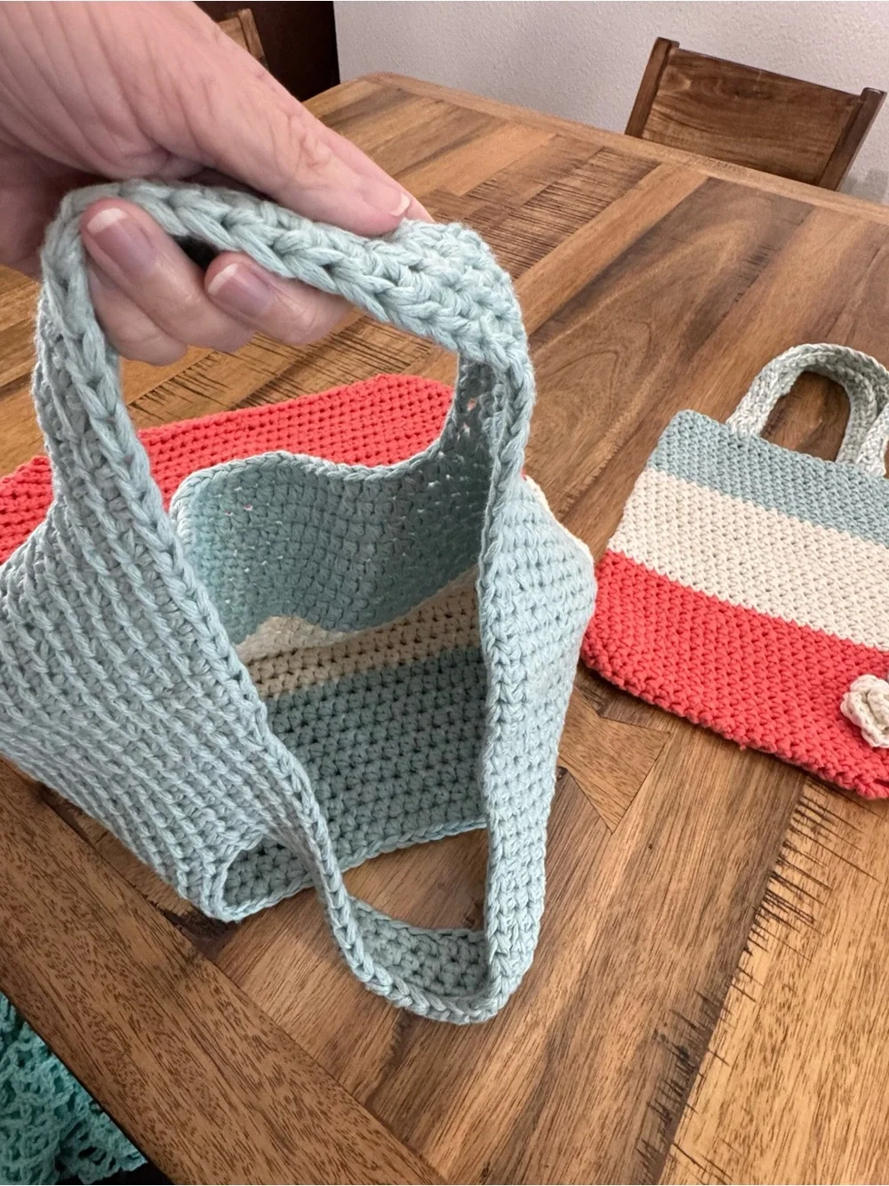 Handcrafted Stripe Crochet Tote & Mini Bag Set in Coral, Cream & Light Blue